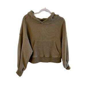 Zenana Terry Cloth Womens M Tan Pullover Hoodie Sweatshirt cropped stretch warm